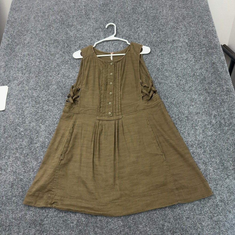 Free People Dress Womens M Brown Cotton Sleeveless Pintuck Lace Up Boho Casual